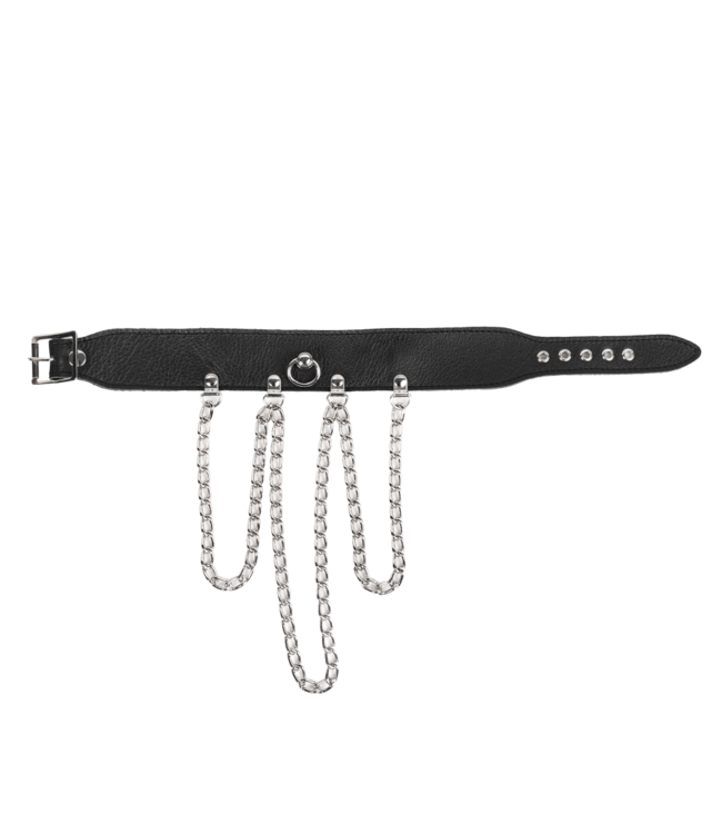 Rimba Rimba Bondage Play - Halsband met kettingen - Zwart & Zilver