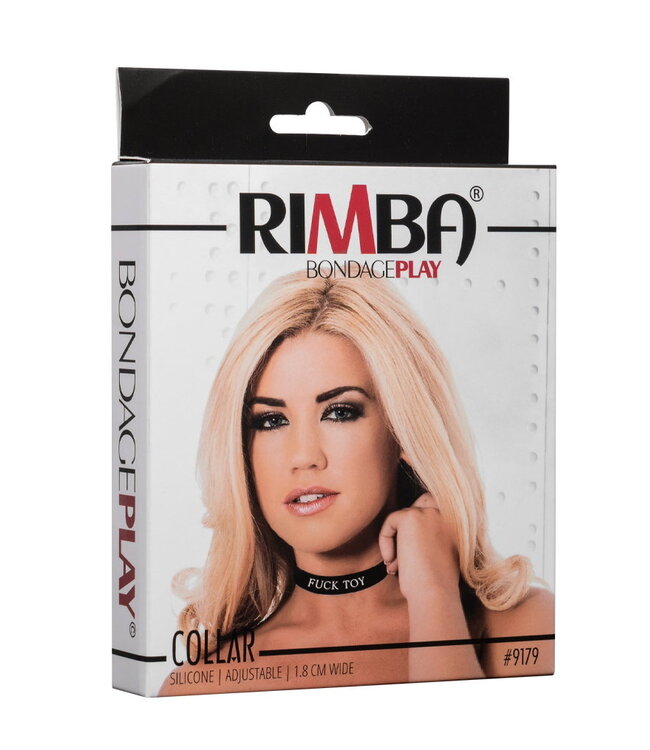 Rimba Rimba Latex Play - Halsband met opschrift 'Fuck Toy' - Zwart & Wit