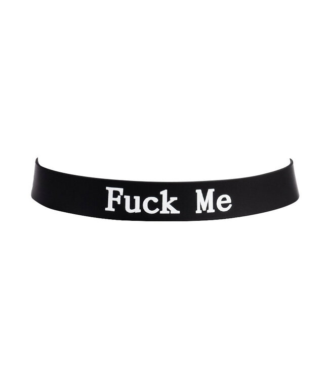 Rimba Rimba Latex Play - Halsband met opschrift 'Fuck Me' - Zwart & Wit