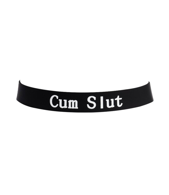 Rimba Rimba Latex Play - Halsband met opschrift 'Cum Slut' - Zwart & Wit