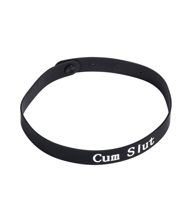 Rimba Rimba Latex Play - Halsband met opschrift 'Cum Slut' - Zwart & Wit