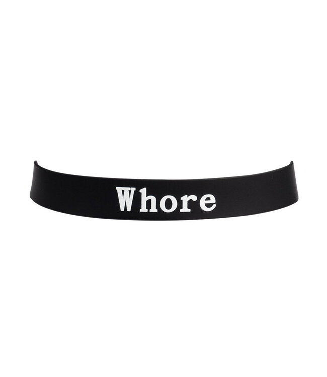 Rimba Rimba Latex Play - Halsband met opschrift 'Whore' - Zwart & Wit