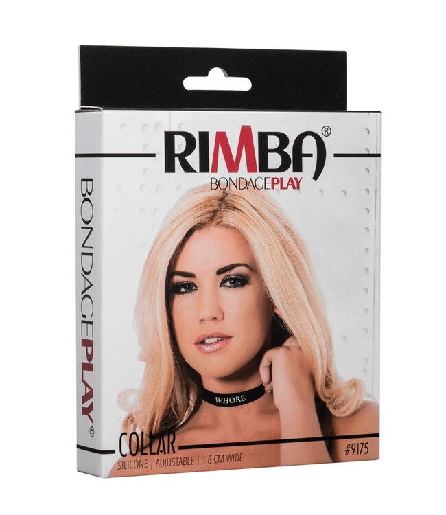Rimba Rimba Latex Play - Halsband met opschrift 'Whore' - Zwart & Wit