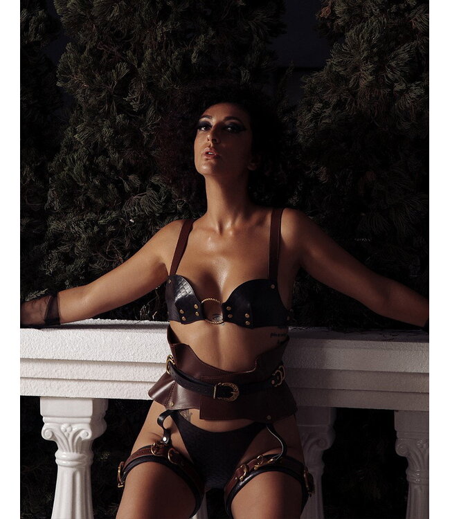 Rimba Liebe Seele - Leren Bralette - Zwart, Bruin & Goud