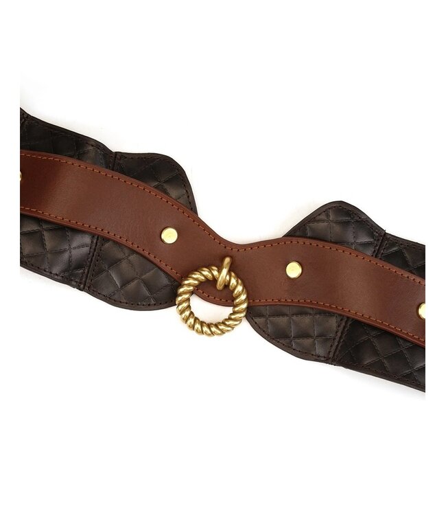 Rimba Liebe Seele - Leren Postuurhalsband met Riem - Zwart, Bruin & Goud