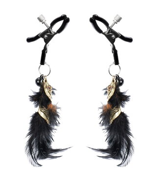 Rimba Rimba Bondage Play - Tepelklemmen met Veren - Zwart & Goud