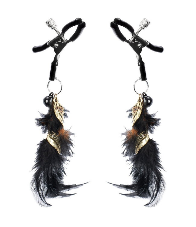 Rimba Rimba Bondage Play - Tepelklemmen met Veren - Zwart & Goud