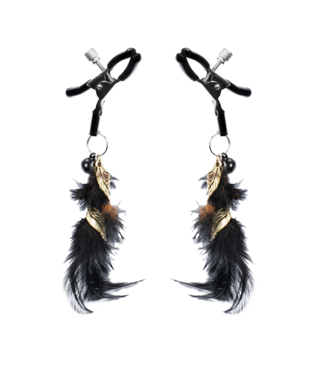 Rimba Rimba Bondage Play - Tepelklemmen met Veren - Zwart & Goud