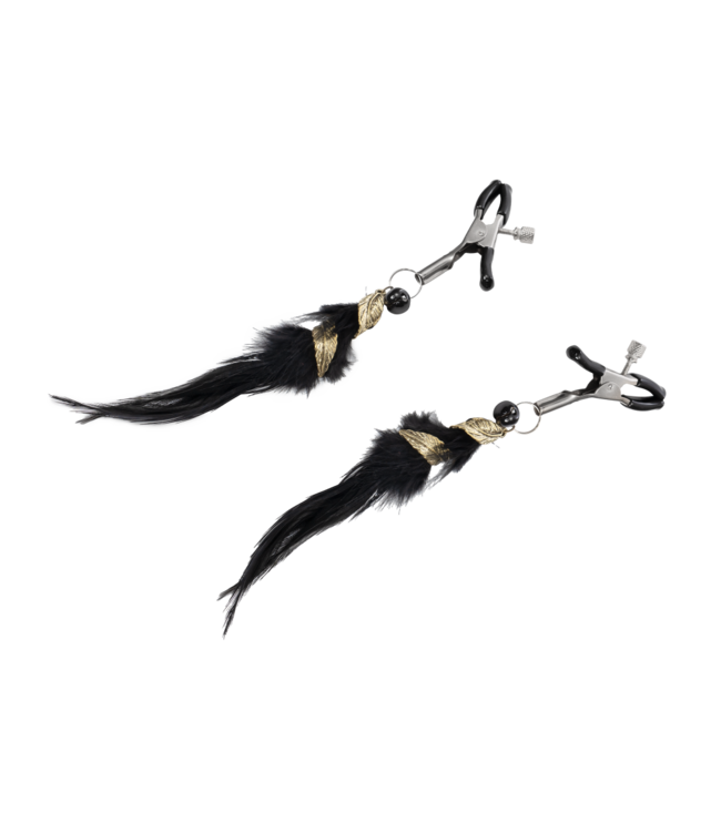 Rimba Rimba Bondage Play - Tepelklemmen met Veren - Zwart & Goud