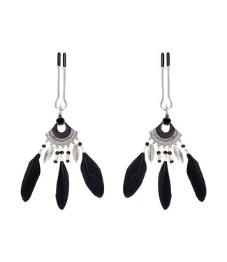 Rimba Rimba Bondage Play - Tepelklemmen met veren - Zwart & Zilver