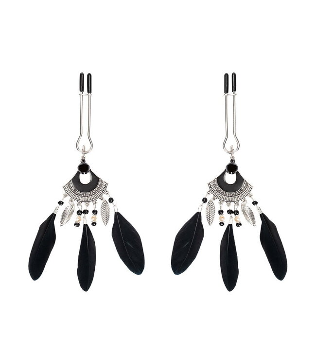 Rimba Rimba Bondage Play - Tepelklemmen met veren - Zwart & Zilver