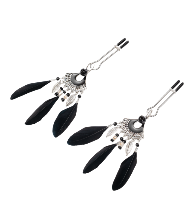 Rimba Rimba Bondage Play - Tepelklemmen met veren - Zwart & Zilver