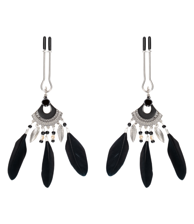 Rimba Rimba Bondage Play - Tepelklemmen met veren - Zwart & Zilver
