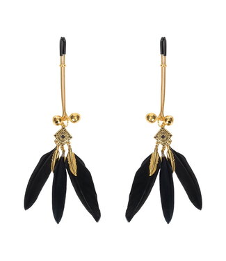 Rimba Rimba Bondage Play - Tepelklemmen met veren - Zwart & Goud