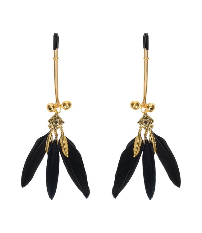 Rimba Rimba Bondage Play - Tepelklemmen met veren - Zwart & Goud