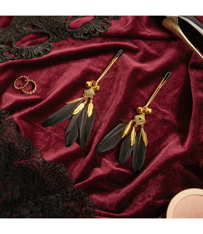 Rimba Rimba Bondage Play - Tepelklemmen met veren - Zwart & Goud