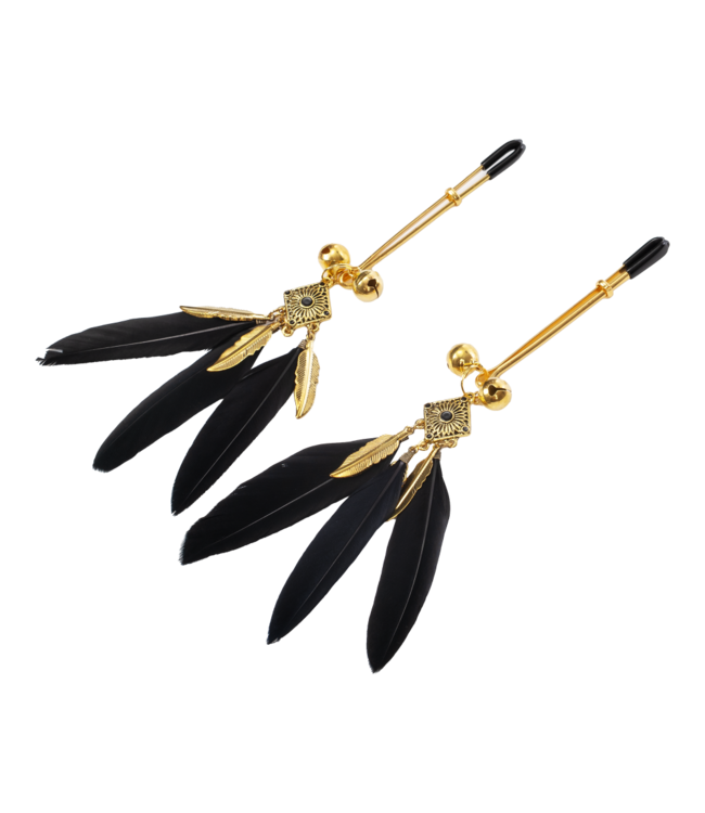 Rimba Rimba Bondage Play - Tepelklemmen met veren - Zwart & Goud