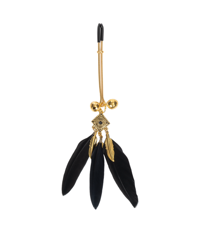 Rimba Rimba Bondage Play - Tepelklemmen met veren - Zwart & Goud