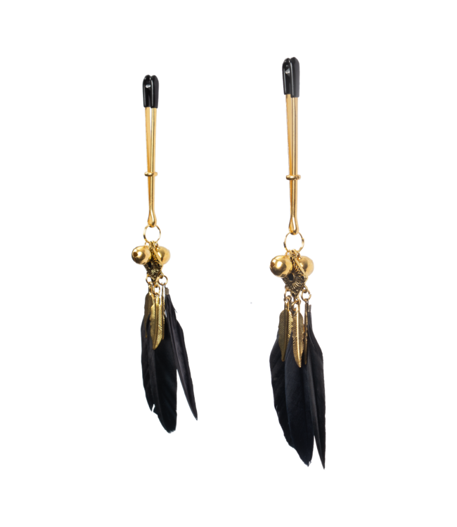 Rimba Rimba Bondage Play - Tepelklemmen met veren - Zwart & Goud