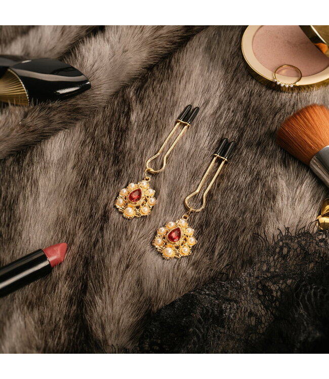 Rimba Rimba Bondage Play - Tepelklemmen met gouden juwelen - Goud