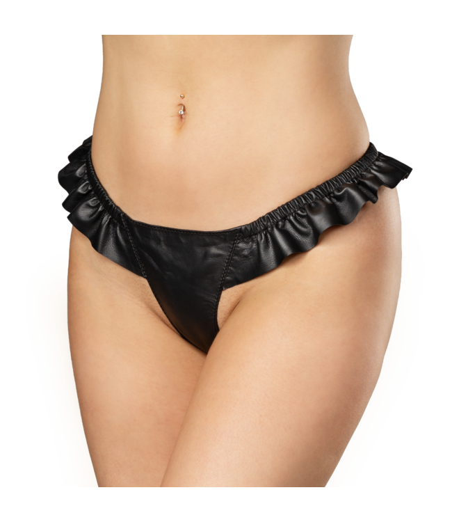 Rimba Rimba Bondage Play - Luxe Lederen String met Roesjes - Zwart