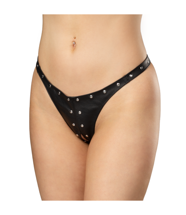 Rimba Rimba Bondage Play - Open Lederen String met Decoratie - Zwart