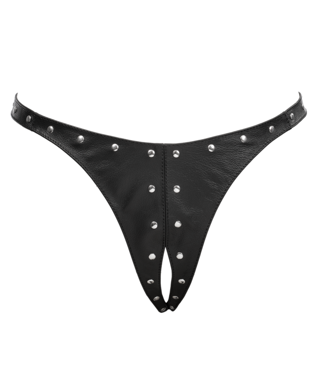 Rimba Rimba Bondage Play - Open Lederen String met Decoratie - Zwart