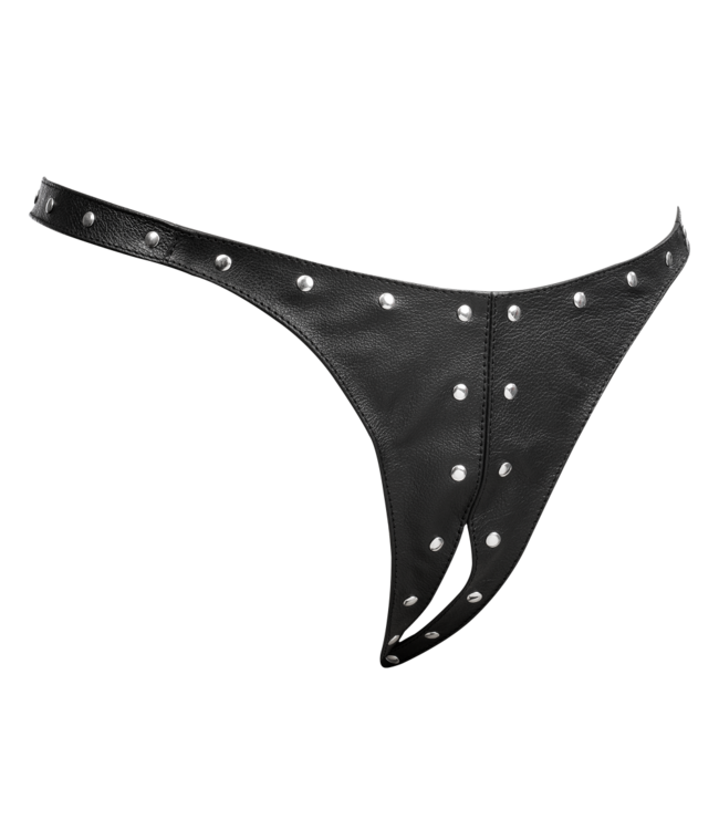 Rimba Rimba Bondage Play - Open Lederen String met Decoratie - Zwart