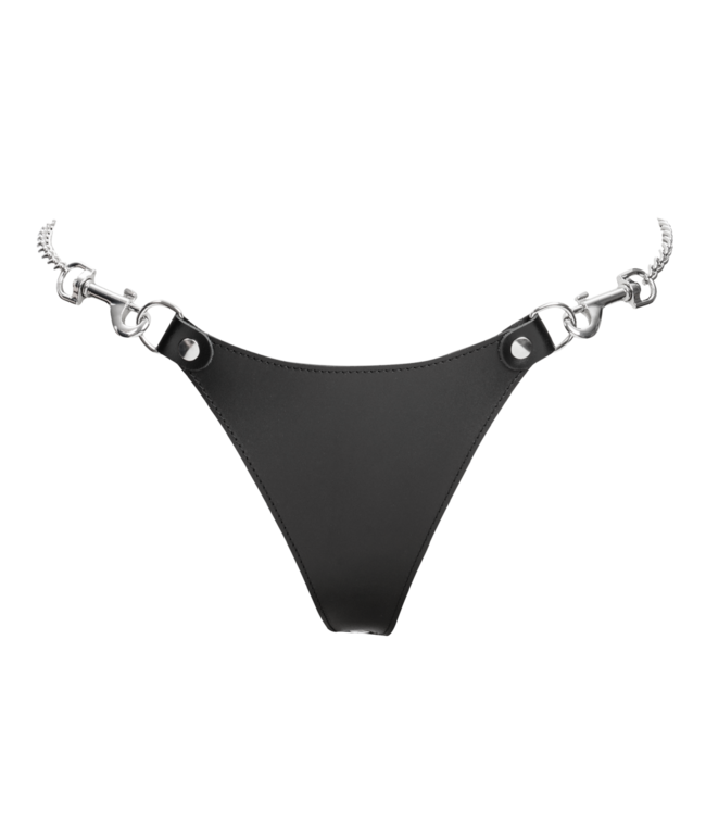Rimba Rimba Bondage Play - Lederen string met afneembare kettingen - Zwart & Zilver