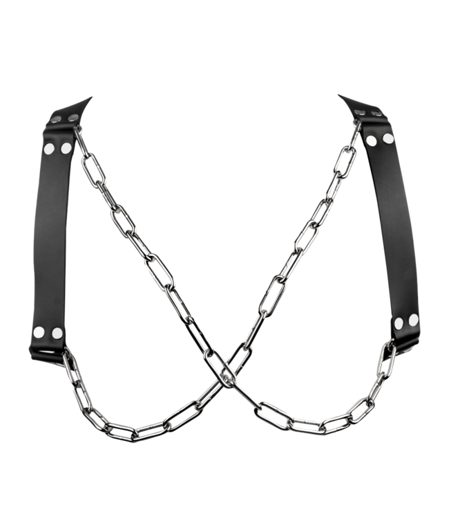 Rimba Rimba Bondage Play - Lederen Borstharnas met Kettingen - Zwart & Zilver