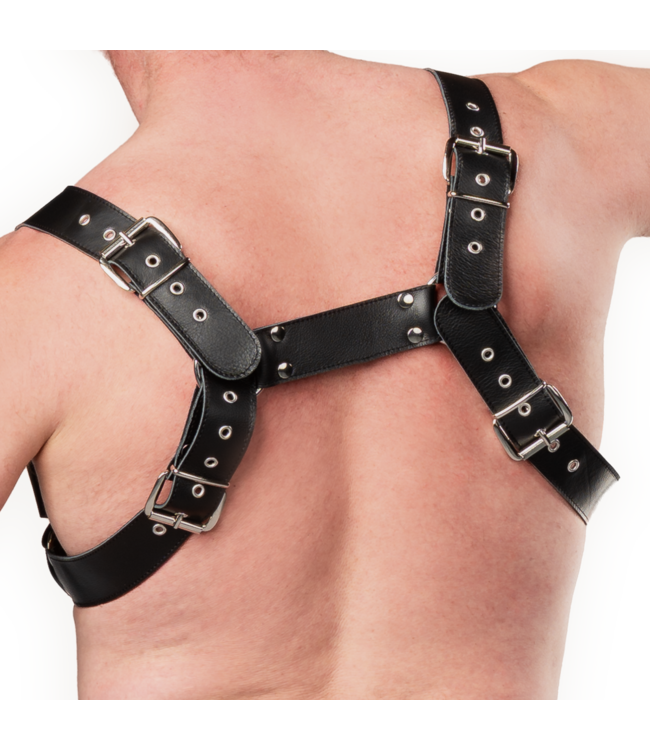 Rimba Rimba Bondage Play - Luxe Lederen Borstharnas met Zakken - Zwart