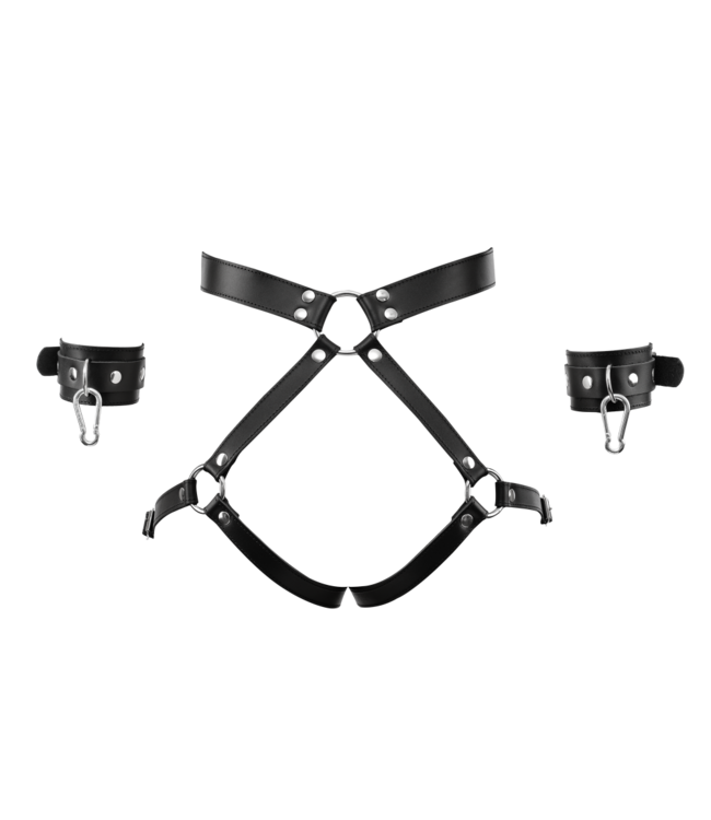 Rimba Rimba Bondage Play - Luxe lederen bondageharnas met boeien - Zwart