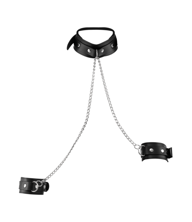 Rimba Rimba Bondage Play - Lederen Boeienset met Halsband en Ketting - Zwart & Zilver