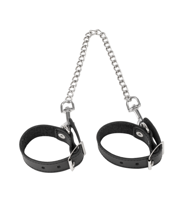 Rimba Rimba Bondage Play - Lederen Handboeien met Afneembare Ketting - Zwart & Zilver