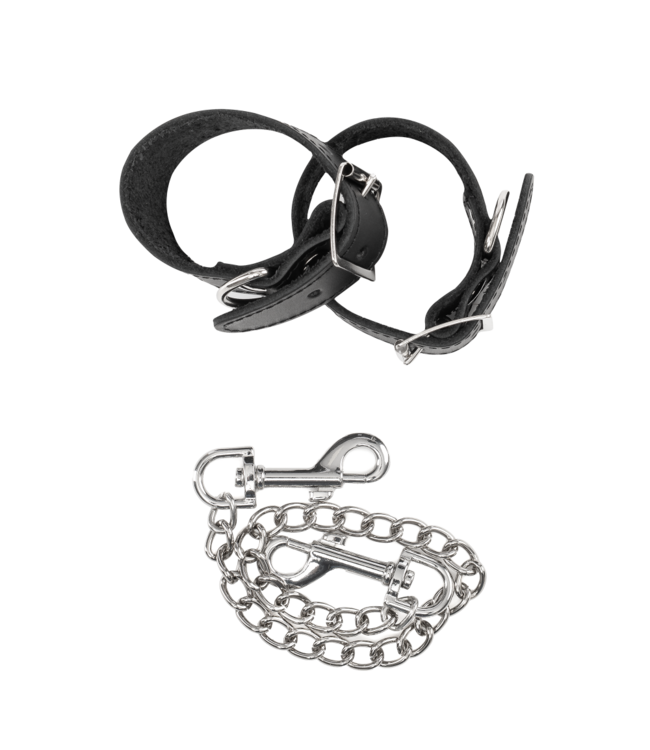 Rimba Rimba Bondage Play - Lederen Handboeien met Afneembare Ketting - Zwart & Zilver