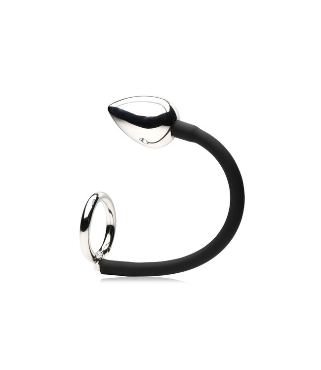 XR Brands Master Series - Tug + Plug Cock & Ball Ring met Anaalplug - Zwart&Zilver