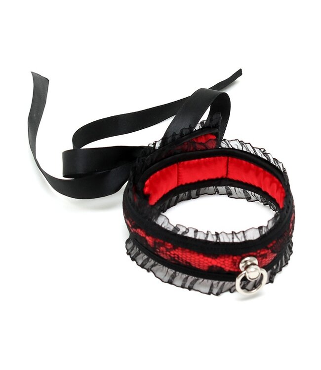 Rimba Rimba Bondage Play - Satijn Look Kraag - One Size - Zwart / Rood