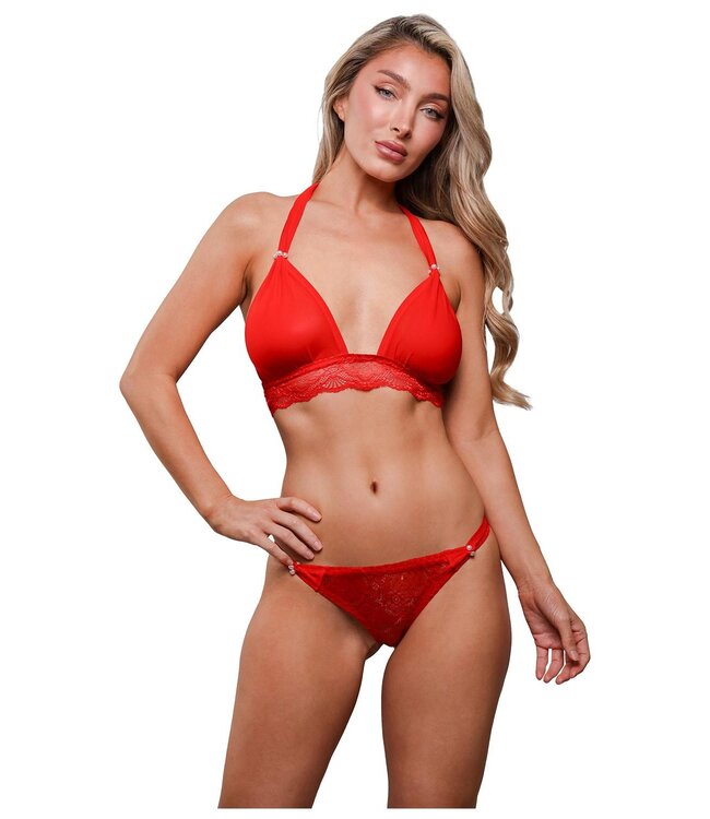 Fantasy Lingerie TAKE A CHANCE LACE AND MESH HALTER BRALETTE & PANTY RED, OS