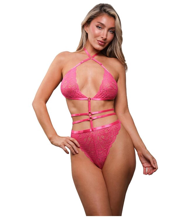 Fantasy Lingerie BETWEEN THE LINES CROTCHLESS LACE HALTER TEDDY PINK, OS