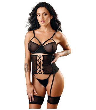 Fantasy Lingerie RILEY BRA, GARTERED WAIST CINCHER & PANTY BLACK, M/L