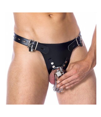 Rimba Rimba Bondage Play - Leren Kuisheidsslip met Hangsloten en Peniskooi - Zwart & Zilver