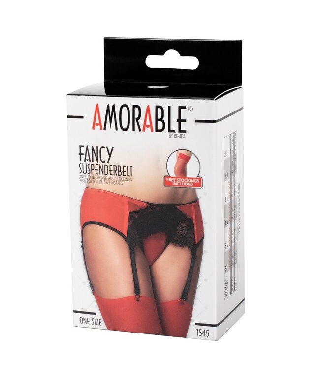 Rimba Amorable by Rimba - Jarretel met G-string en Kousen - One Size - Zwart / Rood