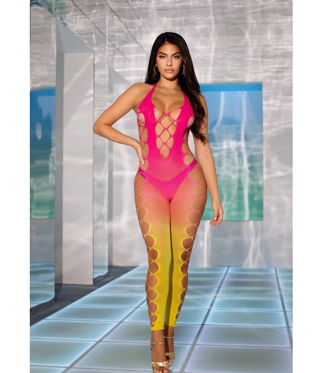 Ombre Faux Lace Up Footless Bodystocking