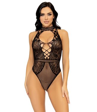 Net and Lace Keyhole Halter Bodysuit