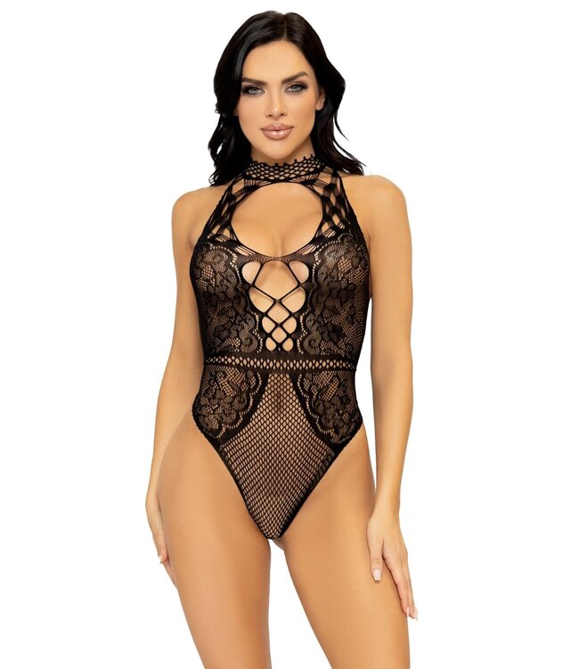 Net and Lace Keyhole Halter Bodysuit