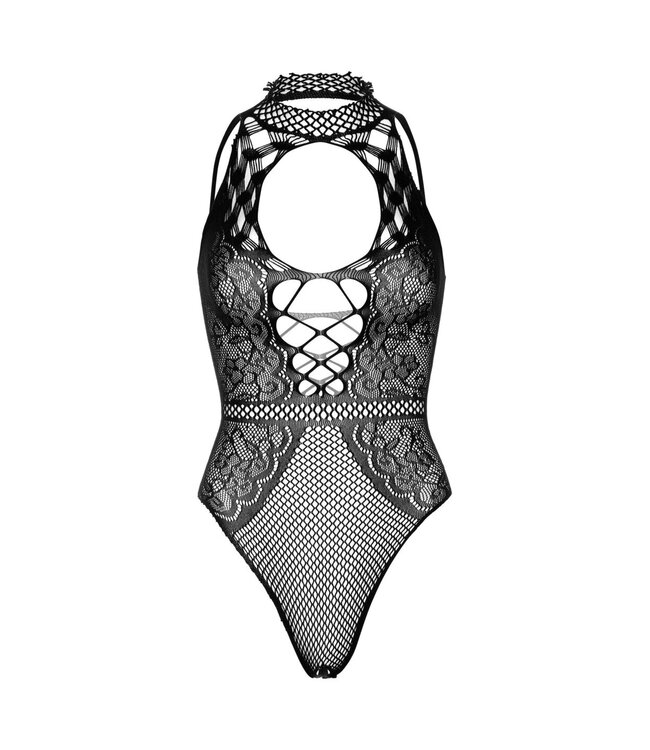 Net and Lace Keyhole Halter Bodysuit