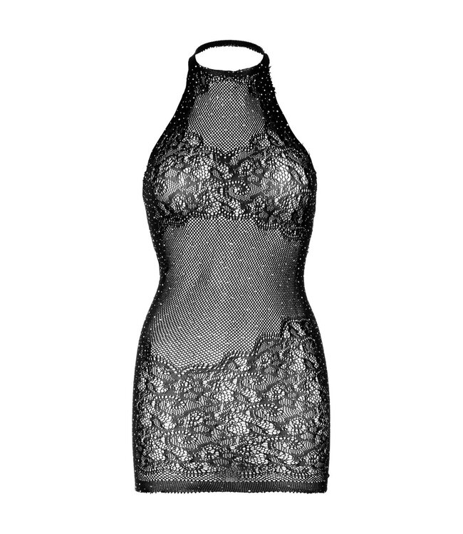 Rhinestone Lace and Net Halter Mini Dress