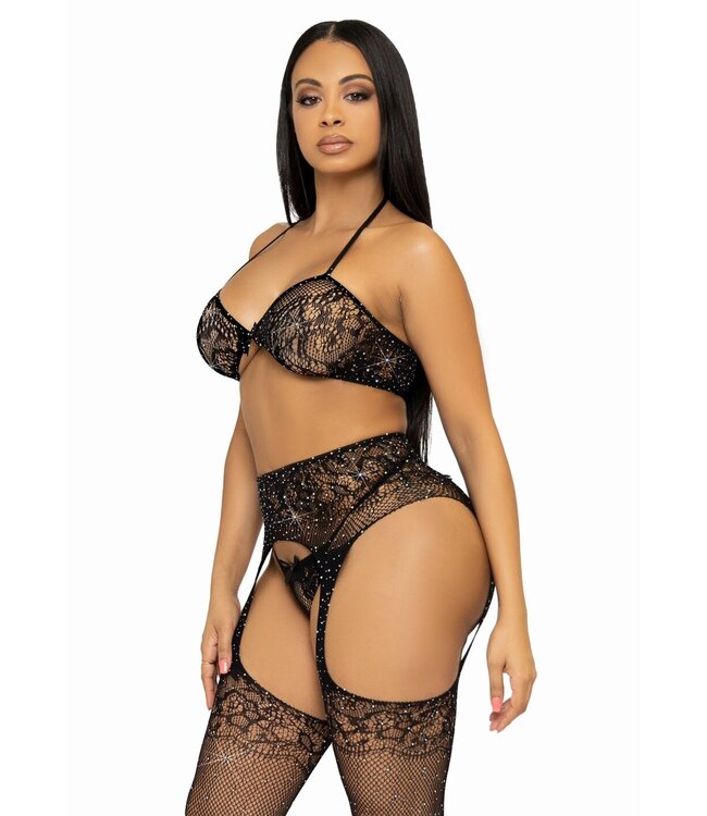 Lace Bra, String and Garter Belt Stockings