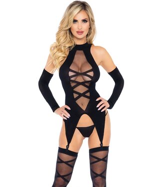Faux Lace Up Cami Garter, Stockings,Gloves