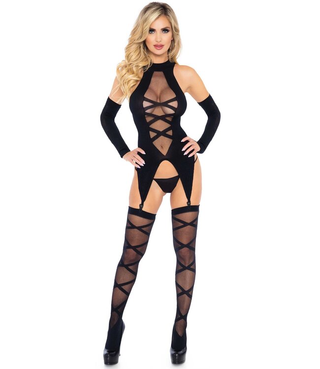 Faux Lace Up Cami Garter, Stockings,Gloves